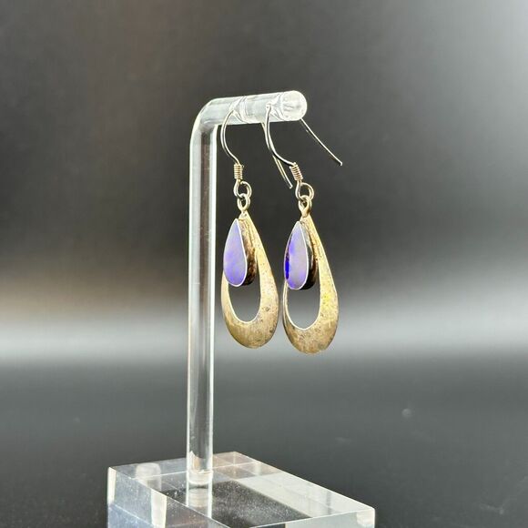 Vintage 925 Silver Purple Abalone Shell MOP in Resin Dangle Hook Earrings 1.75" - Picture 6 of 12